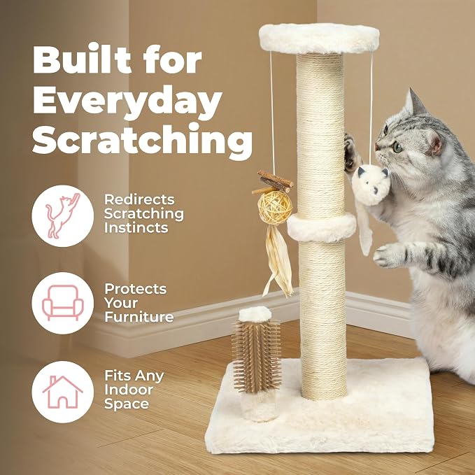 Best Pet Supplies Catify Cat Scratcher, Fun Interactive Scratchers, Posts, Poles, Claw Safe, Furniture Saver Indoor Play Support Natural Cat Behaviors Heavy Duty - Beige Scratching Post - H: 25"