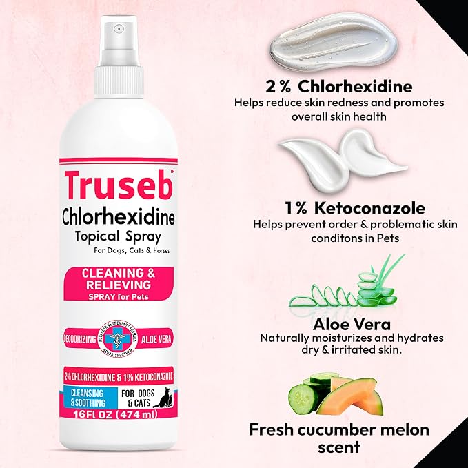 Truseb Medicated Topical Ketoconazole and Chlorhexidine Spray for Dogs, Cats, and Horses with Essential Fatty Acids, Ketoconazole Spray Aloe and Vitamin E (Ketoconazole & Chlorhexidine Spray, 16 oz)