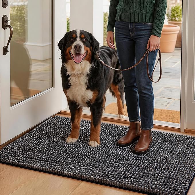 EHEYCIGA Super Absorbent Dog Door Mat for Muddy Paws 48x30 Inch Indoor, Front Doormat Outside Entrance, Quick Dry Chenille Washable Dog Crate Bed, Non-Slip Pet Rug Mud Mat Outdoor Entryway, Dark Grey