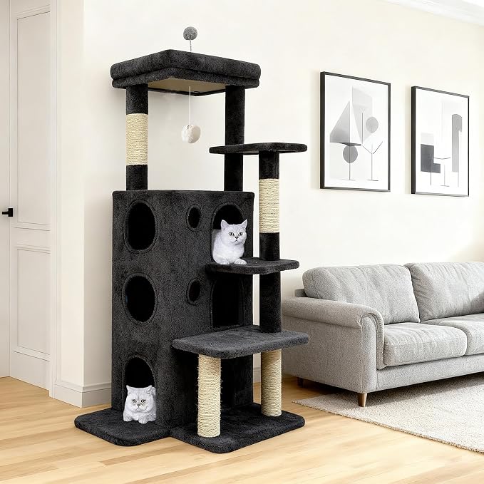48" Cat Tree Tower for Indoor Cats, Multi-Level Cat House for Large Cats with 3 Cozy Cat Condos, Extra Large Top Perch, Sisal Scratching Posts & Climbing Steps, Dark Gray