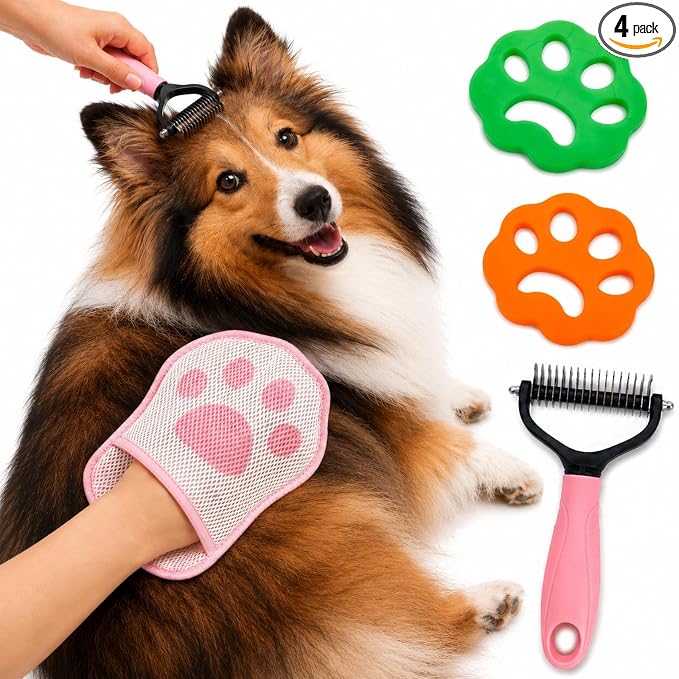 4PCS Pet Grooming Tool Kit with Double-Sided Undercoat Rake for Dogs, Pet Hair Removal Glove for Dog, 2 Reusable Silicone Pet Hair Removers for Laundry, Furniture, Clothes, Couch,Deshed Brush for Cats