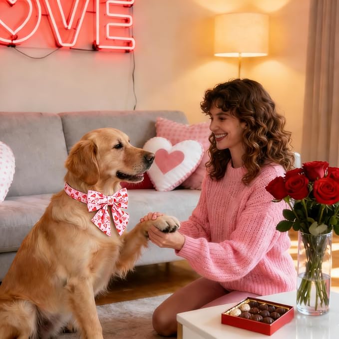 DOGWONG Valentine's Day Dog Collar with Bow Tie - Adorable Pet Collar Red Hearts with Rose Gold Buckle for Large Medium Small Dog Walking, M