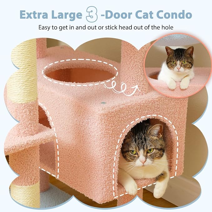 PAWZ Road Flower Cat Tree 72" Cat Tower with Condos&Hammock for Large Cats | cute cat tree in pink&blue, 20"×16" hammock for adult cats, 7 scratch posts + pad, dual condos&perches for multi-cats