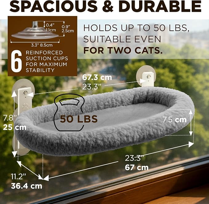 Cat Window Perch – Strong 6 Suction Cup Foldable Cat Hammock Bed for Large Cats and Kittens That Holds up to 50 lbs with Washable Reversible Cover, Sturdy Metal Frame for Window (Gray)
