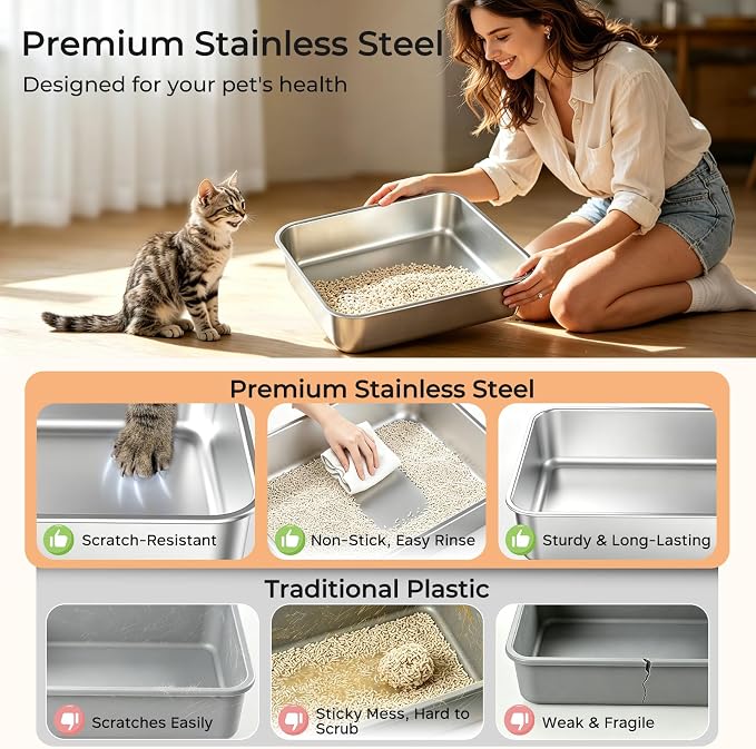 URPOWER Stainless Steel Cat Litter Box for Small Cats, Kitten Litter Box with 180° Flip-Top Lid Enclosed Metal Kitty Litter Box with Mat & Scoop, Odor Free, Non-Sticky, Non-Sticky, Easy Cleaning