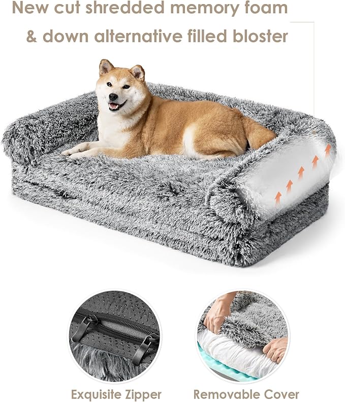 EHEYCIGA Foldable XXL Dog Bed for Large Sized Dog, 54"x38"x7.5" Faux Fur Fluffy Pet Couch Bed, Orthopedic Calming Memory Foam Big Pet Bed, Washable Pet Sofa Bed with Non-Slip Bottom, Faded Black