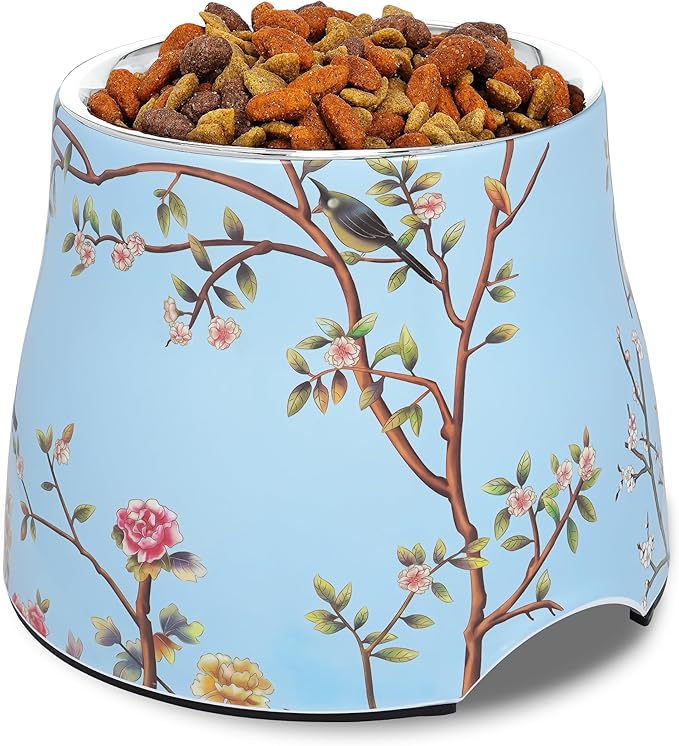 Ceramic Dog Bowl 7 inch Height for (30-55lbs) Medium Size Dogs Includes Food-Grade 304 Stainless Steel Bowls Non-Slip 3.8 Cups(860ml) Bowl Feeder in an Artful and Design(Blue)