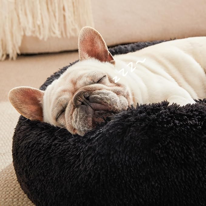 Love's cabin Calming Cat Bed for Indoor Cats, Anti-Anxiety Donut Round Dog Bed,Fluffy Faux Fur Washable Pet Bed for Small Medium Dogs and Cats, Black, 24in