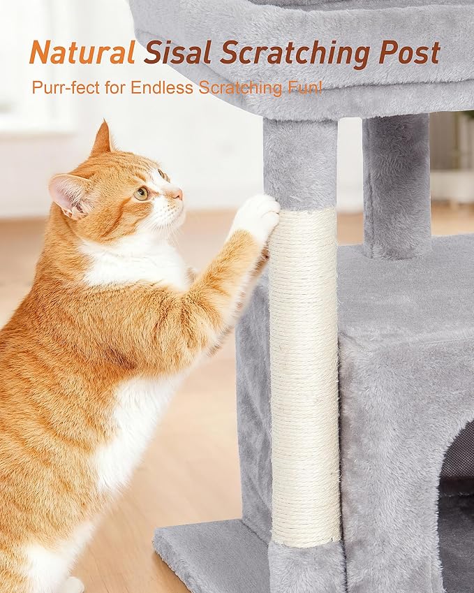 23.6" Cat Tree for Large Cat, 19 * 15.8 in Large Perch, Light Gray | Cat Tower with Scratching Post, 2-door Cat Condo for Adult Indoor Cats, Easy to Clean and Install, Assembly tools included