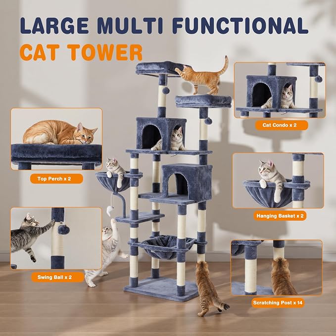 DUMOS Tall 71 inch Cat Tree Tower with Scratching Posts, Indoor Cats Use | Large Multi Level Cat Climbing Tower with Condo, Platform, Hammock, Basket, Pet Tree House for Kittens Play, Dark Grey