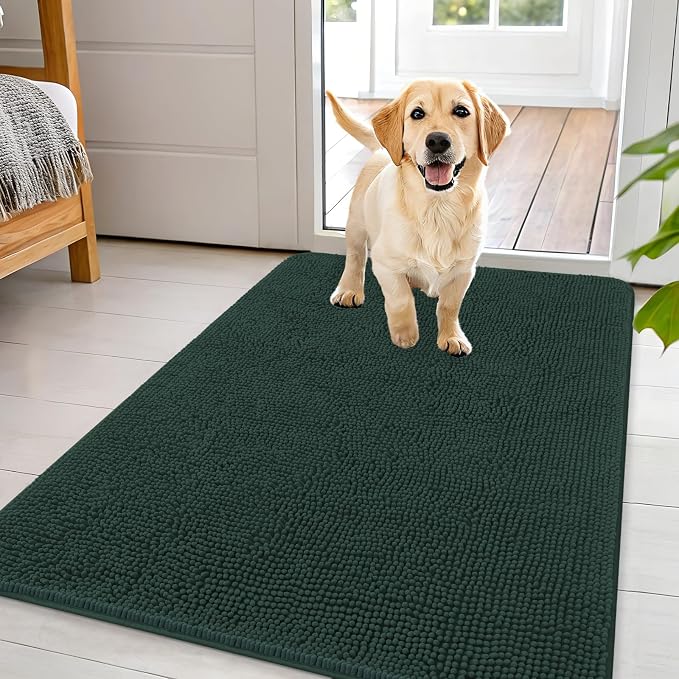 OLANLY Dog Door Mat for Muddy Paws 44x32, Super Absorbent Chenille Mud Mat | Blackish Green, Absorbs Moisture and Dirt, Non-Slip Machine Washable Doormat, Quick-Dry Indoor Entryway Floor Carpet for Dogs