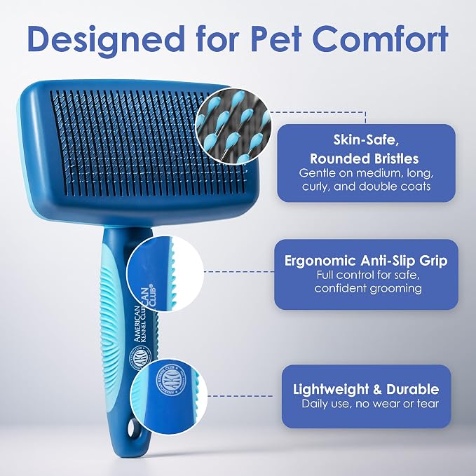 AKC Self-Cleaning Slicker Brush for Dogs & Cats, All Coat Types | Skin-friendly deshedding brush removes loose hair, mats and tangles with an easy-clean design.