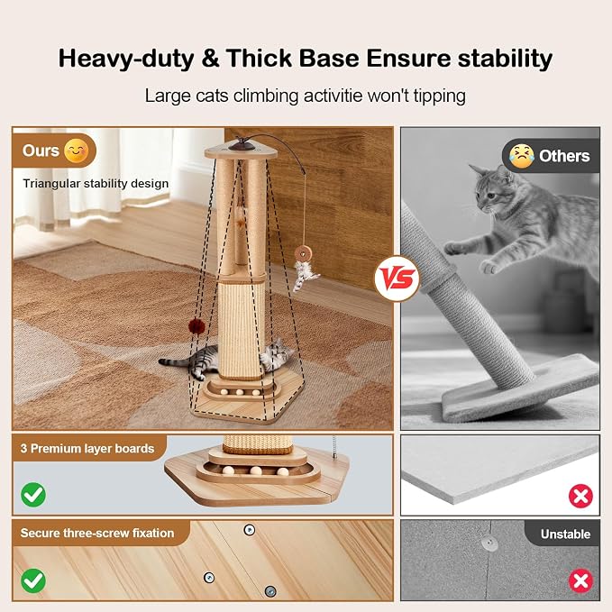 34 Inch Tall Cat Scratching Post for Large Cats, Heavy Duty Natural Sisal Cat Scratcher with Multi Interactive Toys 360° Rotating Feather Toy, Ball Track, Spring Pom for Adult Cats & Kittens