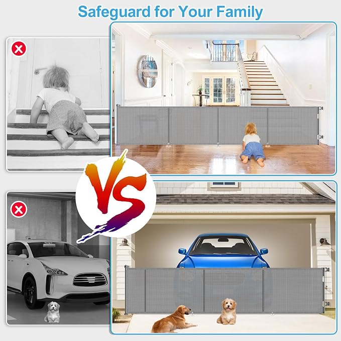 Upgrade 180 inch Retractable Baby Gates, EZIGO Extra Wide Baby Gate for Large Opening Extra Long Mesh Gate for Kids or Pet Dog Gate Child Safety Gate for Stairs Hallways Doorway Indoor Outdoor, Gray