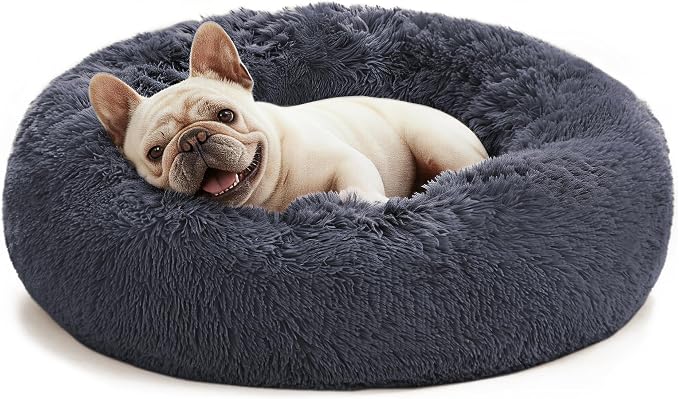 Love's cabin Calming Cat Bed for Indoor Cats, Anti-Anxiety Donut Round Dog Bed, Fluffy Faux Fur Washable Pet Bed for Small Medium Dogs and Cats, Bluish Grey, 20in