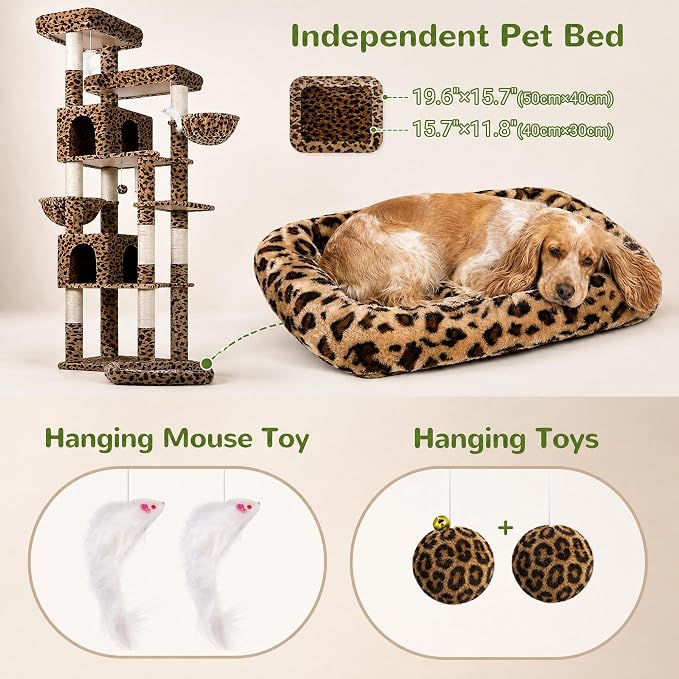 Globlazer Sturdy Extra Large Cat Tower for Indoor Cats, S81C, Leopard Print | 81 inch Heavy Duty Cat Tree for Indoor Large Adult with 8 Scratching Post, 2 Cat Condos, 2 Platform
