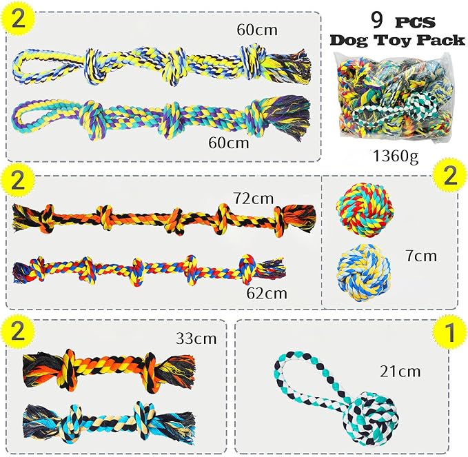 Speedy Panther 9 Pack Large Dog Rope Toys for Aggressive Chewers, 5 Knots Indestructible Chew Toy Kit for Medium Large Dogs, Puppy Teething Tug Toy, Colourful Cotton Dog Rope Toys