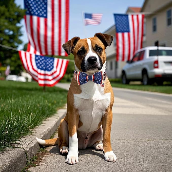 DOGWONG Ameirican Flag Dog Collar with Bow - Independence Bowtie Dog Collars, Adjustable Patriotic Pet Collars 4th of July Dog Collar for Small Medium Large Dogs