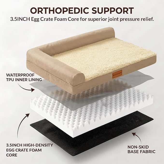 Patas Lague Orthopedic Large Dog Bed Washable Pet Sofa Bed 36''X24'' Beige | 2-Sided Bolster Egg-Crate Foam Dog Couch Large Sized Dogs, Waterproof Removable Washable Cover, Nonskid Bottom Pet Crate Mat