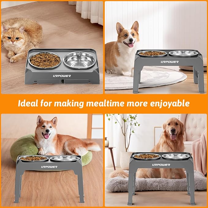URPOWER Raised Dog Bowls 4 Height Adjustable Elevated Bowl Stand | Stainless Steel Water Bowl Non-Slip Dog Food Bowls Stand for Small Medium Large Dogs and Pets
