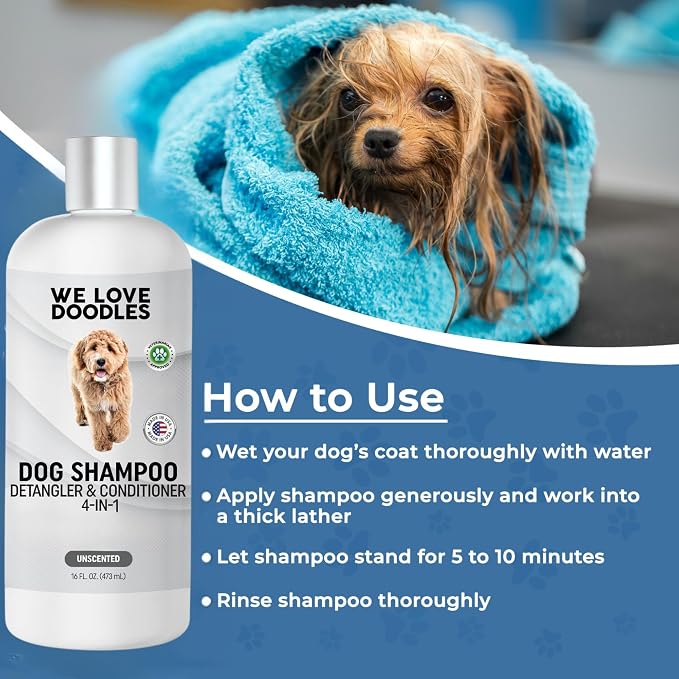 Dog Shampoo Conditioner & Detangler, Hypoallergenic Tearless Unscented 16OZ | For Sensitive Itchy Skin, Best Shampoo For Smelly Dogs, Goldendoodle, Poodle & Doodle, Puppy Pet Wash Soap, USA Made, 4-in-1
