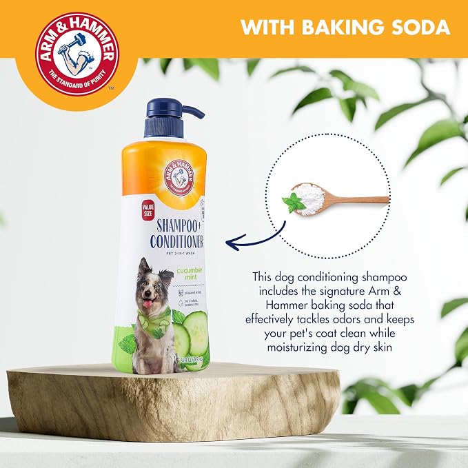 Arm & Hammer 2-in-1 Dog Shampoo & Conditioner, Cucumber Mint, 24 Fl Oz | Baking soda odor eliminating formula, pump dispenser included, value size, for daily grooming routine