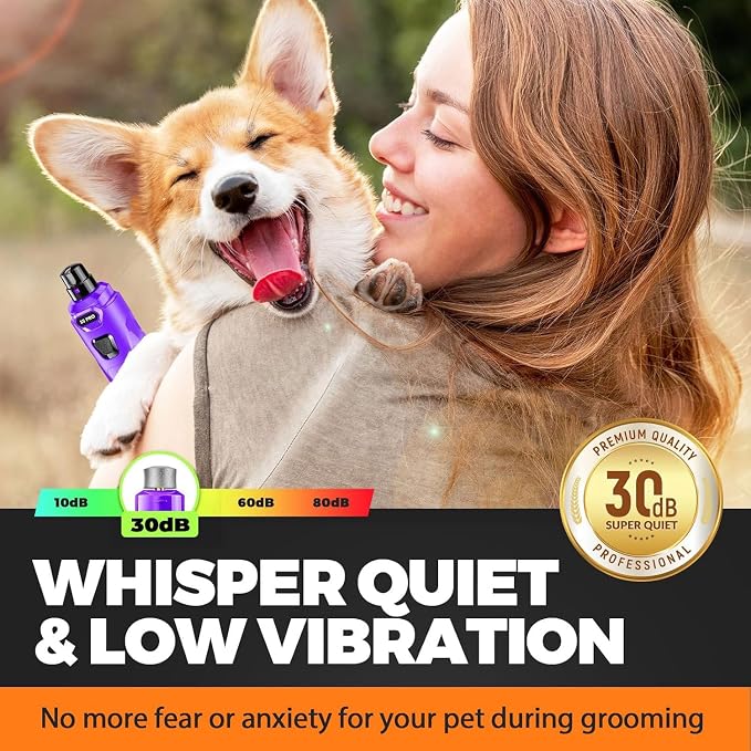 Whisper Quiet Dog Nail Grinder Safe & Stress-Free for Sensitive Dogs Cats | 4 LED Lights,3 Grinding Bits, 3-Speed, Pet Nail Trimmers, Rechargeable Painless Grooming Kit for All Breeds & Sizes