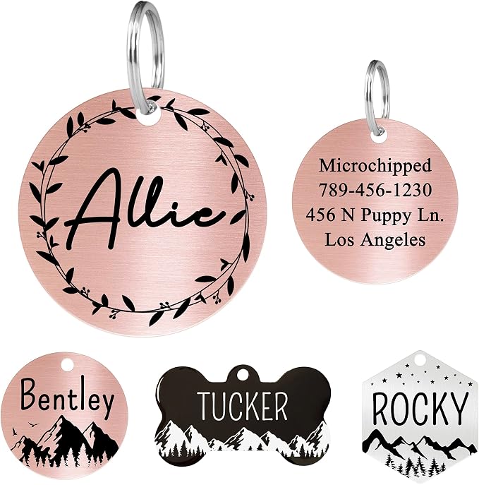 Ultra Joys Stainless Steel Dog Nametag - Personalized Engraving on Front and Back, Customized Cat Tag, Round Vince Design 2, Rose Large