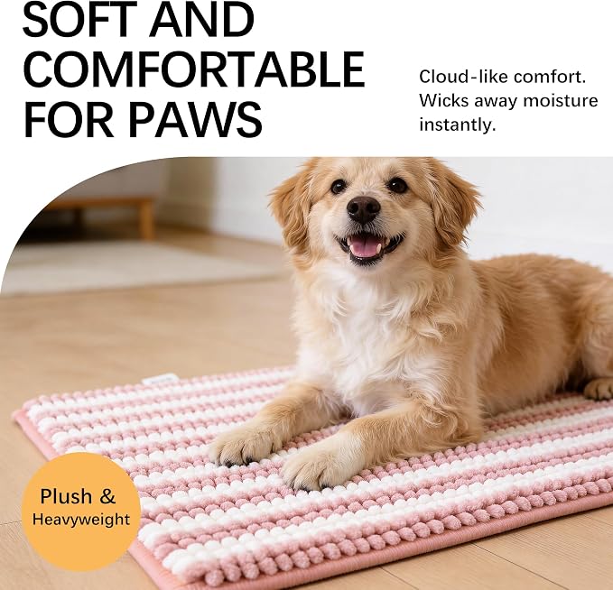 Dog Door Mat for Muddy Paws - Absorbent Quick-Dry Non-Slip Washable Chenille Pet Rug, Indoor Entryway Mat for Front Door & Crate (Pink, 34" L*23" W)