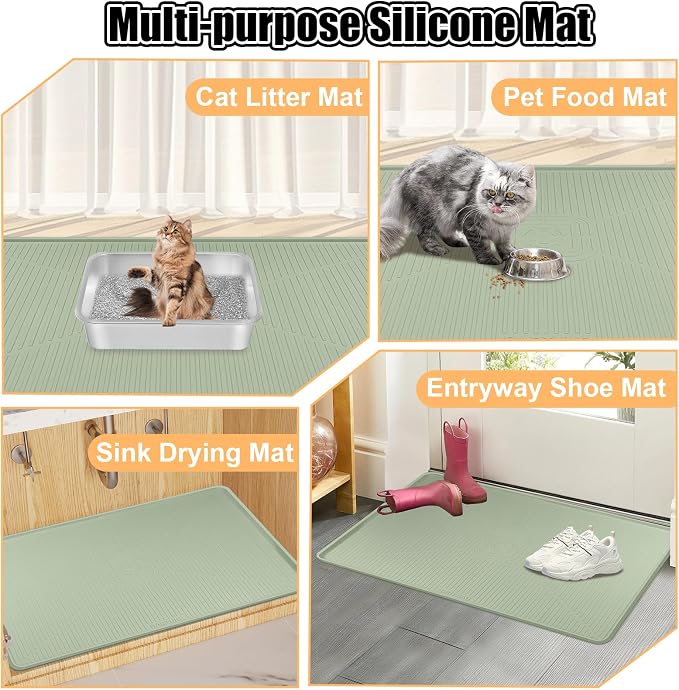 Silicone Cat Litter Mat 45" x 30" Cat Mat for Litter Box, Green | Extra Large Cat Litter Trapping Mat for Floor, Waterproof, Non-Slip Kitty Litter Box Mat with Raised Edge, Easy to Clean