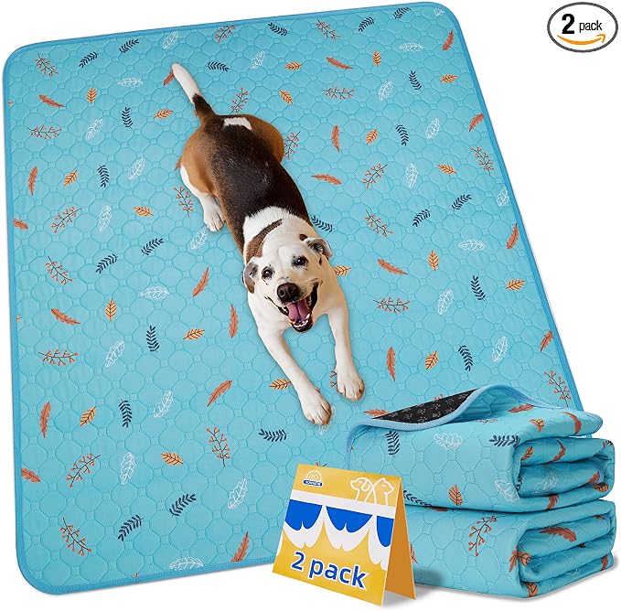 Sunheir Washable Pee Pads for Dogs 2-Pack Reusable Puppy Pads Pet Training Pads, Waterproof Dog Pee Pads for Crate, Whelping Pad, Non-Slip Protects Against Urine Leakage (Leaves - Sky Blue, 24x36)