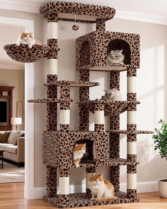 Heybly Cat Tree, 76-Inch Tall Heavy Duty Cat Tower for Big Cats HCT039BW | Multi-Level Large Cat Furniture with Extra Wide Baseboard, 2 Condos & 2 Hammocks, 10 Scratching Posts, Leopard Print