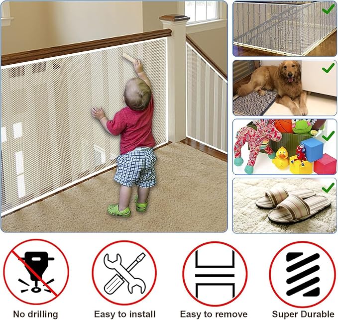 Baby Gate for Stairs, Banister Guard for Kids, Pets, Toys, 2 Set 15ft L x 2.66 ft HMesh Netting Safety Net for Balcony Rail Stair, Stairway Net Safety Products for Indoor & Outdoor (White)