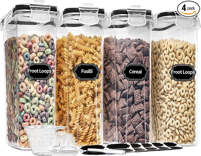 PRAKI Cereal Containers Storage Set (4L,135.2 Oz), 4PCS Airtight Food Storage Containers with Pour Spout for Kitchen & Pantry Organization Cereal Dispensers with 20 labels, Measuring Cup & Marker | Airtight Food Storage Containers for Kitchen & Pantry ...