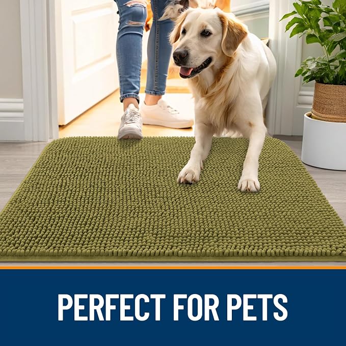 OLANLY Dog Door Mat for Muddy Paws 47x32, Super Absorbent Chenille Mud Mat | Willow Green, Absorbs Moisture and Dirt, Non-Slip Machine Washable Doormat, Quick-Dry Indoor Entryway Floor Carpet for Dogs