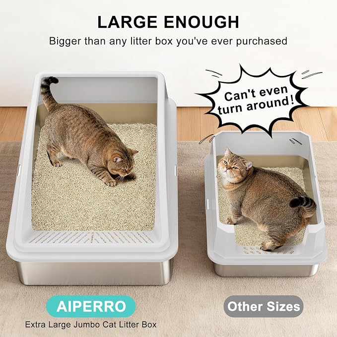AIPERRO Stainless Steel Litter Box Extra Large for Big Cats and Multi-Cats | Jumbo Extra Large Metal Cat Box with High Sided Lid, Anti-Urine Leakage, Non-Stick,Include Litter Scoop