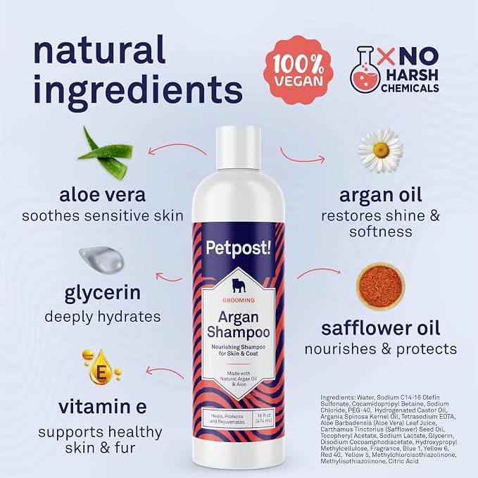 Petpost | Argan Shampoo for Dogs. Dog Shampoo with Argan Oil & Aloe. Moisturizes Dry Skin, Softens Coat, Restores Shine. 16 oz