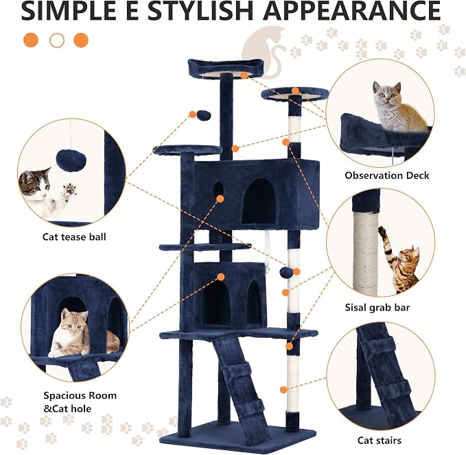 70 Inch Navy Blue Cat Tree, Tall Cat Tower with 2 Condos, 3 Scratching Posts, Multi-Level Platforms - Sturdy Climbing Structure Tall Cat Tower for Indoor Cats