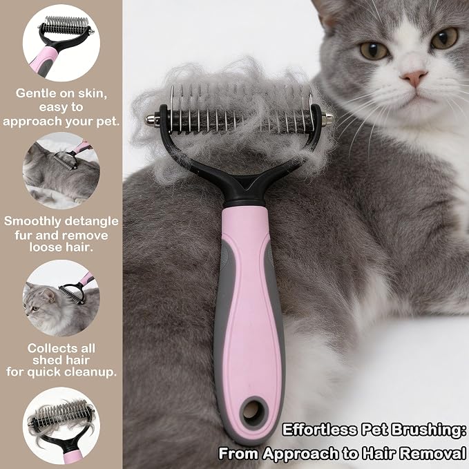 Pet Grooming Brush - Double-Sided Dematting Comb & Deshedding Tool for Dogs and Cats, Effortless Hair Removal, Ideal for Long-Haired Breeds, Reduce Shedding (1, Pink, Large)