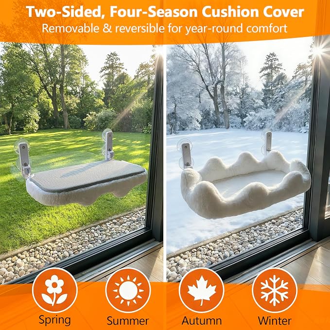Homegroove Cat Window Perch, 24 x 12 Inch Foldable Cat Hammock for Window with 4-Sided Bolster & 4 Large Suction, Cloud Shape Cordless Window Bed for Indoor Cats (White, Large(24'' x 12''))