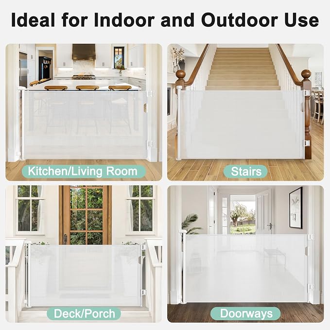 Retractable Baby Gates for Doorways & Stairs, Indoor/Outdoor Mesh Dog Gate for Dogs, Puppies, Infants, Toddlers, Babies, Children, Kids, 33" Tall Expands Up to 60" Width, Safety Retractable Pet Gate