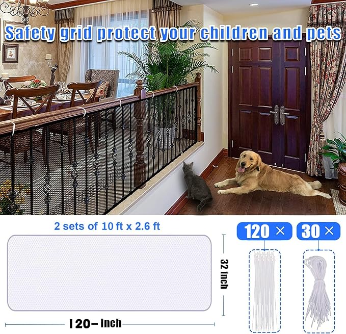 Baby Gate for Stairs, Banister Guard for Kids, Pets, Toys, 2 Set 10 ft x 2.6 ft Mesh Netting Safety Net for Balcony Rail Stair, Stairway Net Safety Products for Indoor & Outdoor (White)