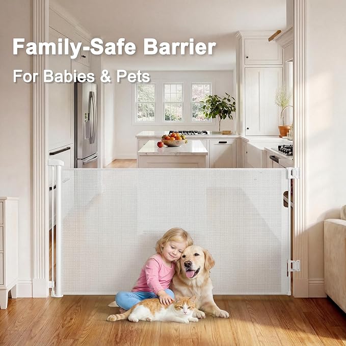Retractable Baby Gates for Doorways & Stairs, Indoor/Outdoor Mesh Dog Gate for Dogs, Puppies, Infants, Toddlers, Babies, Children, Kids, 33" Tall Expands Up to 60" Width, Safety Retractable Pet Gate