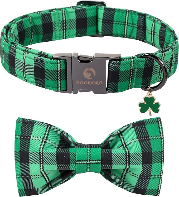 DOGWONG St. Patrick's Day Dog Collar with Bowtie, Green Plaid Bowtie Dog Collar for Small Medium Large Dogs,S