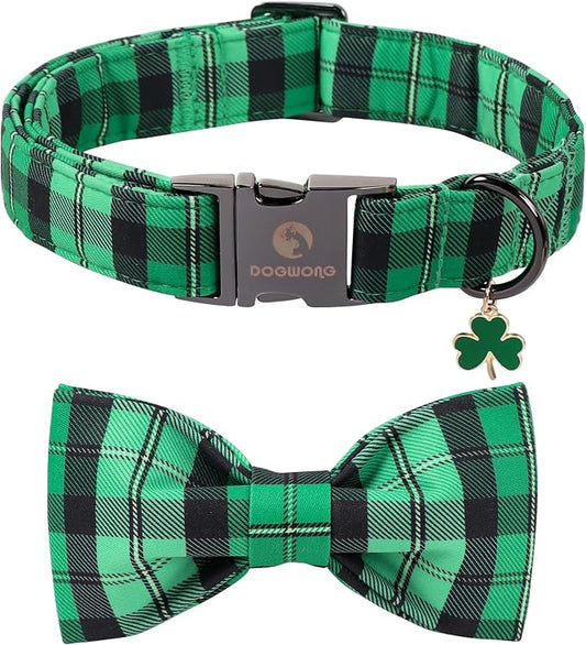 DOGWONG St. Patrick's Day Dog Collar with Bowtie, Green Plaid Bowtie Dog Collar for Small Medium Large Dogs,S
