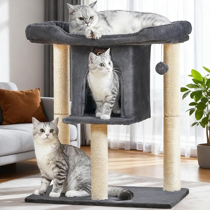 Cat Tree Tower Scratching Post for Indoor Large Adult Cats with Perch Bed | 28in Tall Small Cat Trees House with Big Perch, Condo, Toy Balls, Modern Kitten Climbing Furniture Platform, Dark Gray