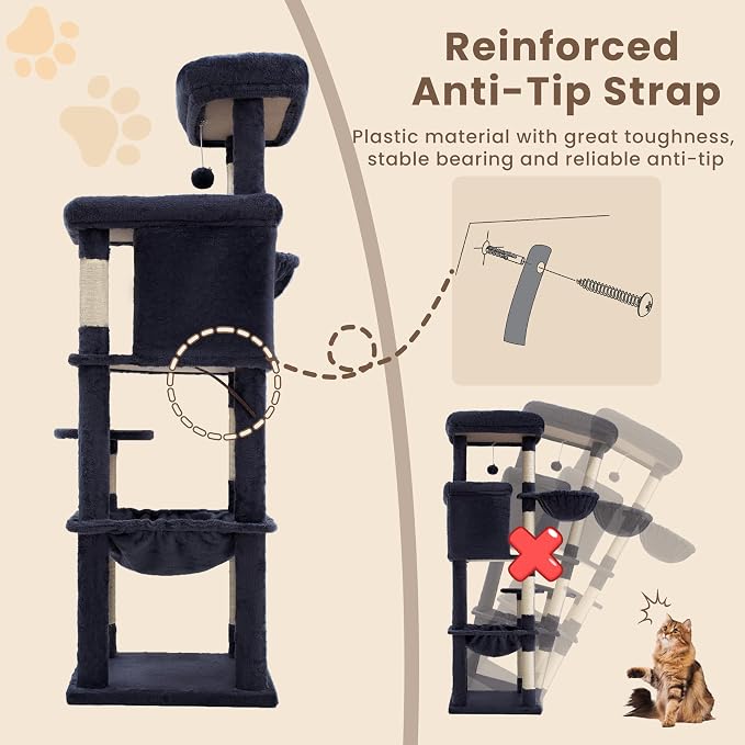 Heybly Cat Tree, 56" Multi-Level Easy Climb Tower for Large Cats HCT028G | Cat Furniture with 2 Perches, Cozy Hammock, Spacious Condo & Cat Basket, Durable Sisal Scratching Posts, Smoky Gray