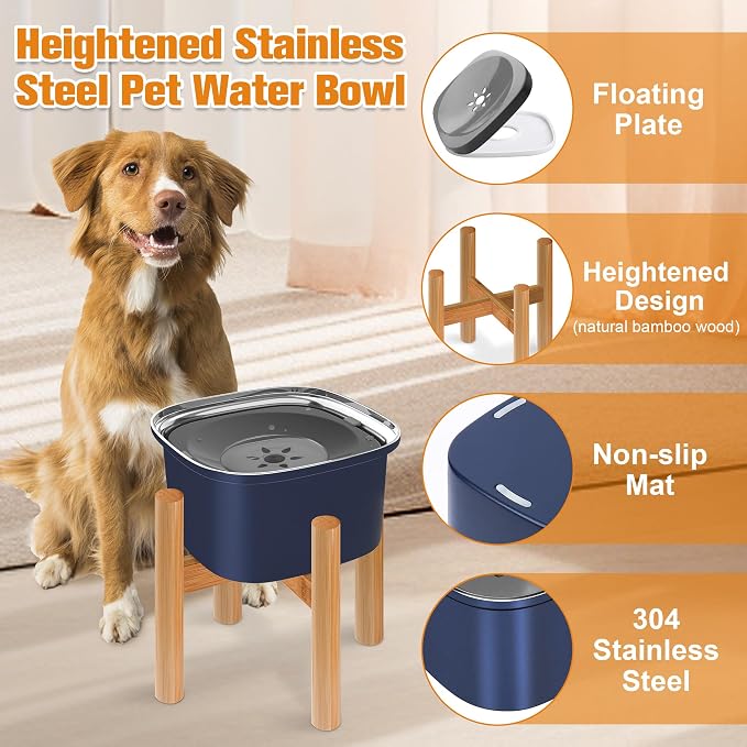 Decflow 3L Elevated Dog Water Bowl, Stainless Steel Raised Food Dispenser with Stand, Large Capacity No Spill Dog Water Bowl for Small, Medium and Large Dogs | Raised Feeder with Wood Stand, spill proof Design, Large Capacity, for Small Medium Large Do...