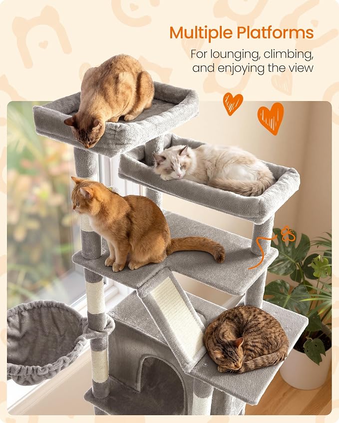 Feandrea 72.6-Inch Tall Cat Tree Tower for Indoor Extra Large Cats, Scratching Posts, Scratching Boards, Multi-Level Design, Dove Gray UPCT014G101S