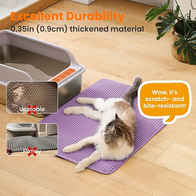 Extra Large Cat Litter Mat, Double Layer Honeycomb Design | 30x22”, Reduces Litter Tracking, Easy to Clean, Waterproof, Non-Slip, Soft on Paws, Scratch Resistant, Purple, XL